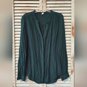OLD NAVY BUTTON DOWN SHIRT Womens S P Green Long Sleeve Blouse V-Neck Top